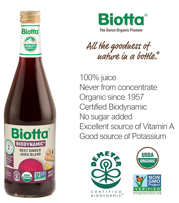 Biotta Organic Beet Ginger Juice - 100% Vegetable Juice for Energy Immunity &amp Wellness - Excellent Source of Nutrients - All Natural Non-GMO Gluten-Free (16.9 Fl Oz Pack of 6)