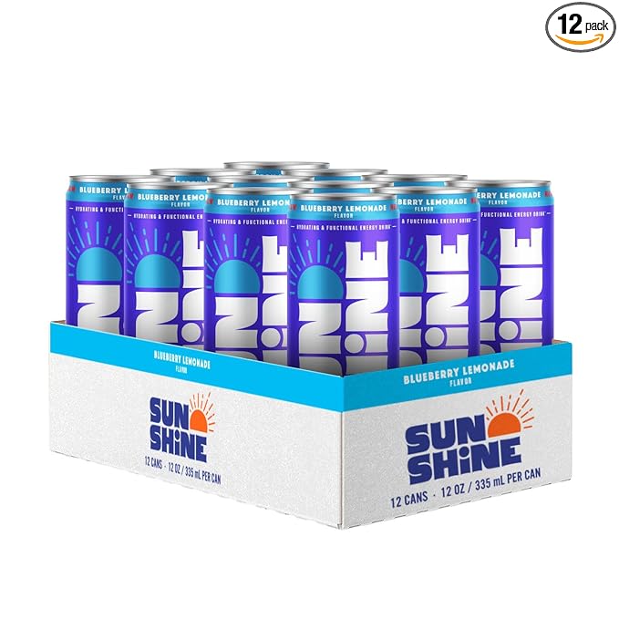 Sunshine Sparkling Energy Drink Blueberry Lemonade with Daily Essential Vitamins 360mg of Electrolytes 70mg of Natural Caffeine 12 Fl Oz (Pack of 12)