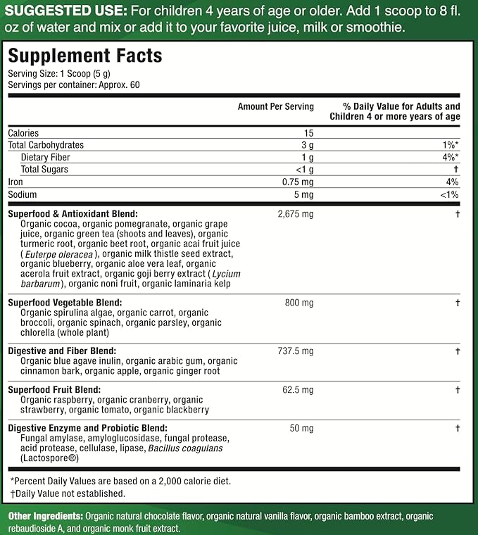 Feel Great USDA Organic Super Greens Powder for Kids - Cocao Chocolate | Fruit &amp Veggie Supplement | Superfood Powder with Probiotics &amp Digestive Enzymes for Digestive Health | 60 Days Supply