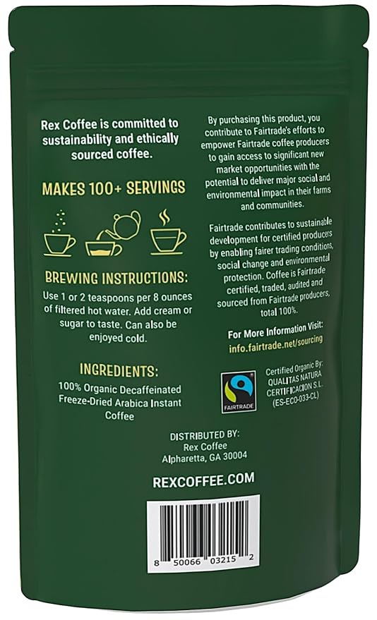 Rex Organic Fairtrade Natural Decaf Freeze-Dried Instant Coffee – Naturally Decaffeinated Arabica 7.05 oz (Pack of 2) Resealable Pouch Bag – Lab Tested for Mold &amp Mycotoxins