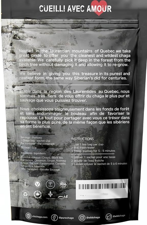 Premium 100% Wild Harvested Chaga - 30 Tea Bags (Chaga Chai)
