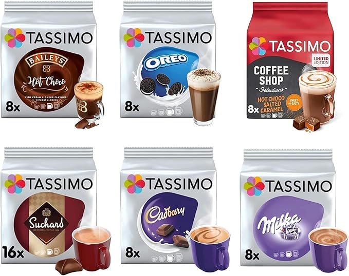 Tassimo Coffee Tea Chocolate Pods. Pick Any 3 Packs from 50+ Blends Including Kenco Costa Jacobs Hot Chocolate Chai latte Baileys Cadbury Milka Oreo Cafe Hag and More.