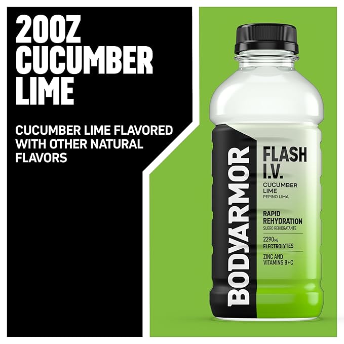 BODYARMOR Flash I.V. Electrolyte Beverage Cucumber Lime Hydration Drink with Coconut Water For Rapid Rehydration Post Workout Recovery 20 Fl Oz (Pack of 12)