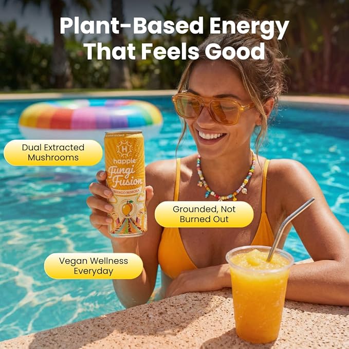 Happie Fungi Fusion Mango – Sparkling Adaptogen Drink with Lion’s Mane Cordyceps &amp Red Reishi – Plant-Based Nootropic 40 Calorie Zero Sugar Added Vegan Functional Soda Alternative (6 pack)