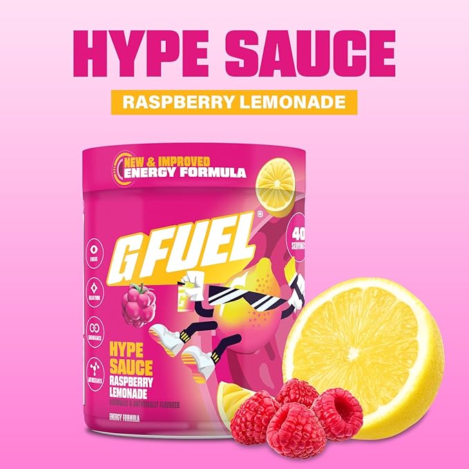 G Fuel Hype Sauce 2.0 Energy Drink Powder Pre Workout Caffeine Mix for Gaming Sugar Free Focus Amino Vitamin + Antioxidants 8.7oz (Raspberry Lemonade 40 Servings)