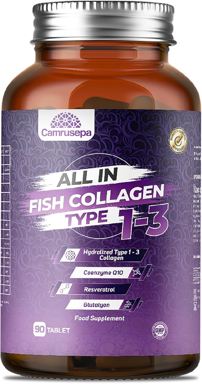 All in Fish Collagen Type 1-3 – Marine Collagen Tablets with Hyaluronic Acid Resveratrol Glutathione Selenium Zinc &amp Vitamins – Hair Skin Joint &amp Nail Support – 90 Tablets