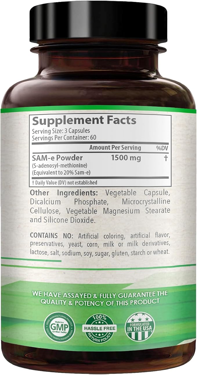1500mg SAM-e Supplement - High Strength S-Adenosyl-L-Methionine Capsules 1500mg per Serving for Brain Liver and Mood Support - Non-GMO High Absorption Same Supplement (60 Servings)