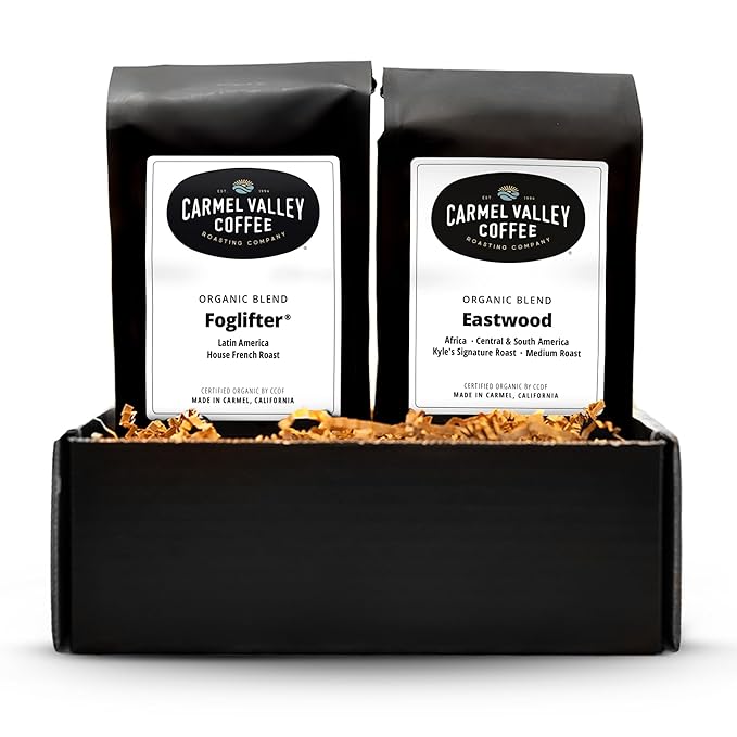 Carmel Valley Coffee Roasting Signature Icons Gift Box Organic Whole Bean Coffee Gift Set Featuring Foglifter® French Dark Roast &amp Eastwood Medium Roast 2 × 12oz Bags