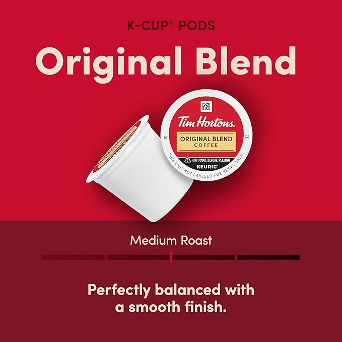 Tim Hortons Original Blend Medium Roast Coffee Single-Serve K-Cup Pods Compatible with Keurig Brewers 100ct K-Cups