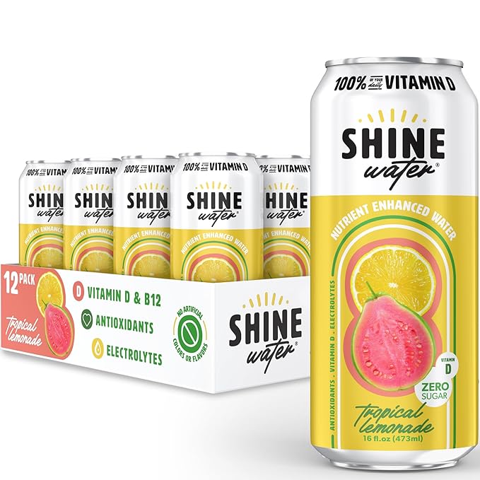 Shine Water Tropical Lemonade Vitamin D Electrolyte Drinks 12-Pack Sugar Free Flavored Water with Magnesium Zinc &amp Antioxidants Low Calorie Hydration Beverage Plant-Based Vitamin Water Zero Su