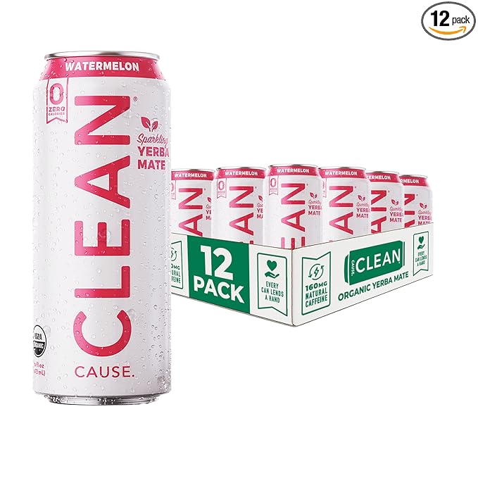 CLEAN Cause Zero Sugar Watermelon Yerba Mate Tea Sparkling USDA Organic Energy Drink Alternative Zero Calorie 160mg Natural Caffeine Soda Alternative Plant-Based (16oz cans 12-Pack Case)
