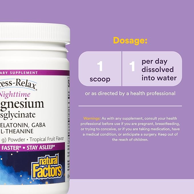 Natural Factors Stress-Relax Nighttime Magnesium Bisglycinate - Supports Sleep &amp Relaxation* - with Melatonin L-Theanine &amp GABA - Tropical Flavor - 4.23 oz