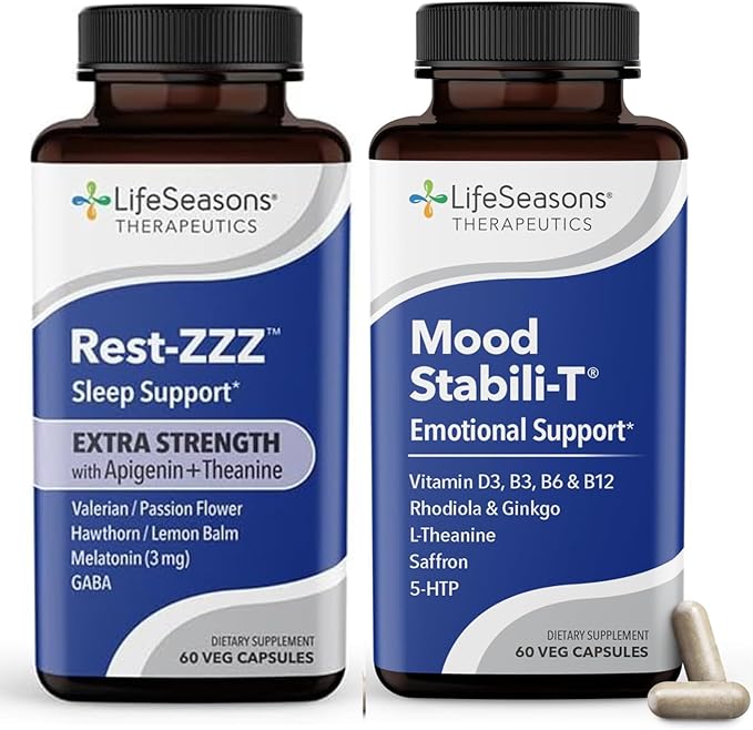 LifeSeasons Rest-ZZZ Extra Strength + Mood Stabili-T Bundle – Natural Sleep &amp Mood Support – Fall Asleep &amp Stay Asleep Promote Calmness Balanced Mood &amp Happiness – Melatonin 60 Capsules