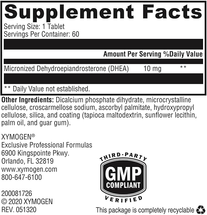 XYMOGEN DHEA 10 mg - Micronized DHEA to Support Healthy Androgen and Estrogen Levels &amp Adrenal Support - Dehydroepiandrosterone Supplement for Women &amp Men (60 Tablets)