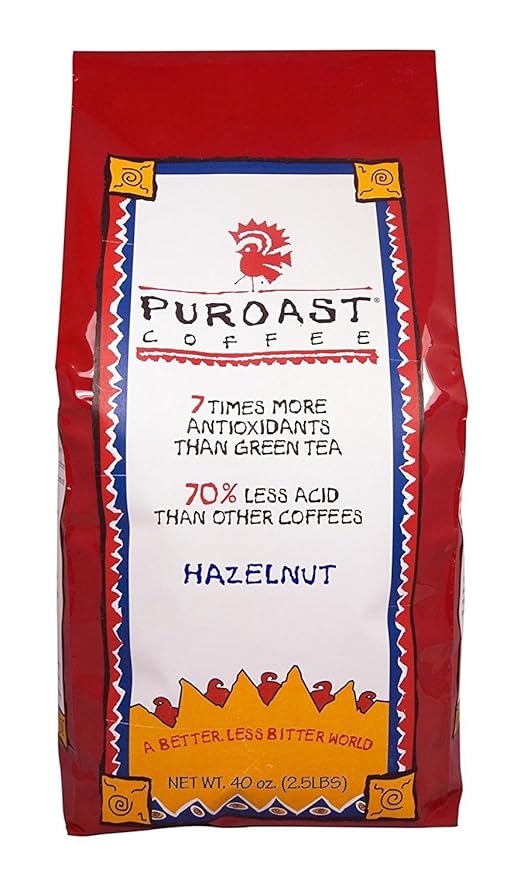 Puroast Low Acid Coffee Whole Bean | Hazelnut Whole Bean | Medium Roast | High Antioxidants &amp High pH |No Bitter Aftertaste | Reduced Heartburn &amp GERD | Suitable for Cold Brew - 2.2 LB