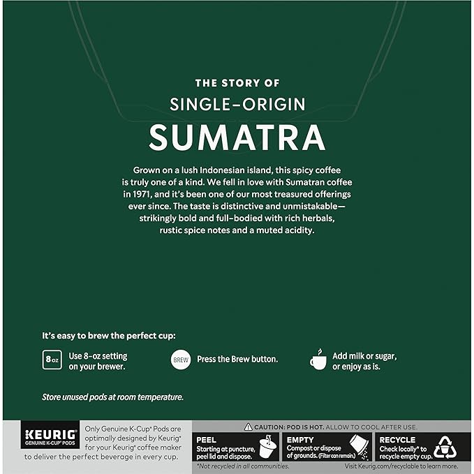 Starbucks Coffee K-Cup Pods Sumatra Single-Origin Coffee Dark Roast Ground Coffee Keurig Genuine K-Cup Pods 32 Count (Pack of 4)