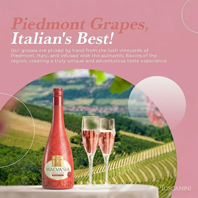 Tuscanini Italian Sparkling Malvasia Grape Juice 25.4 oz (2 Pack) | Non-Alcoholic Celebration Drink | Elegant Champagne Bottle | Imported from Italy | Great for Mocktails | Kosher