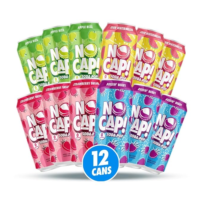 NO CAP! Next Gen Soda Pop with Electrolytes for Hydration Zero Sugar Zero Calories Caffeine-Free Soda Vegan &amp Gluten-Free 16 oz Cans 12pk (Variety Pack)