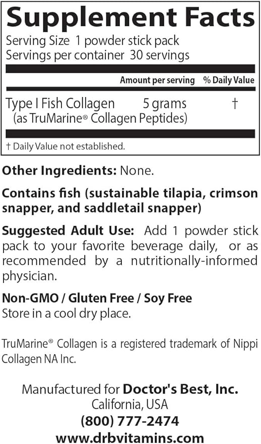 Doctor's Best Fish Collagen w/Naticol Fish Collagen Supports Skin Nails Joints 30 Powder Stick Pack