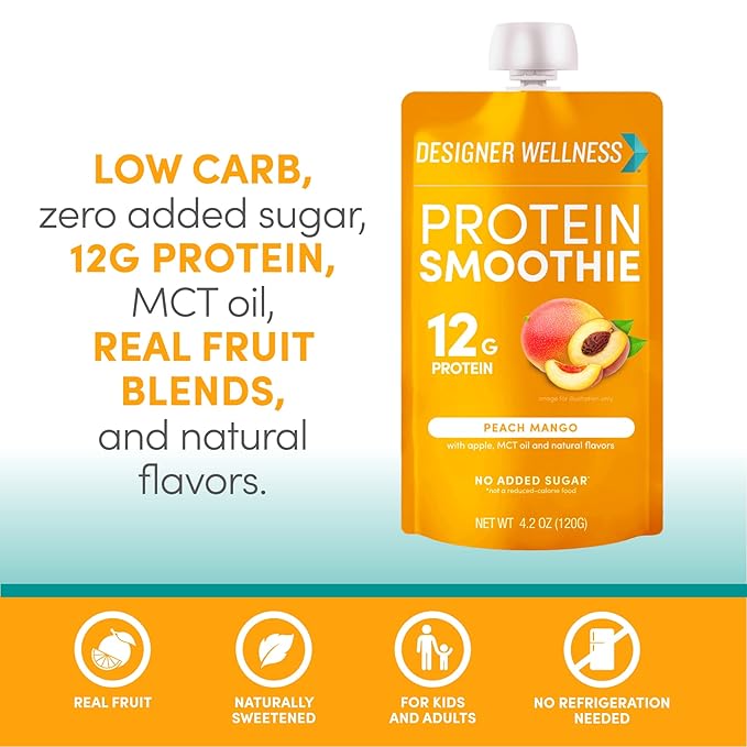 Designer Wellness Protein Smoothie Real Fruit 12g Protein Low Carb Zero Added Sugar Gluten-Free Non-GMO No Artificial Colors or Flavors Peach Mango 24 Count