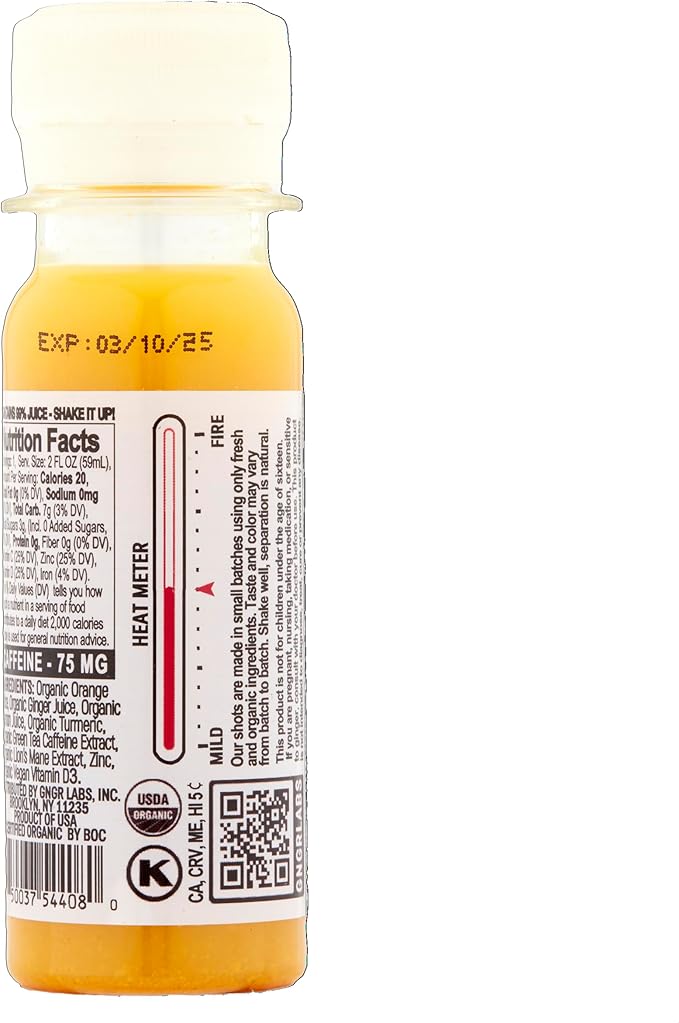 +GNGR Energy Booster – Organic Cold-Pressed Ginger Shot with Turmeric Green Tea Orange &amp Lemon Juice. Natural Energy Shot for Immune and Digestive Support Nothing Artificial 2 fl oz (Pack of 1