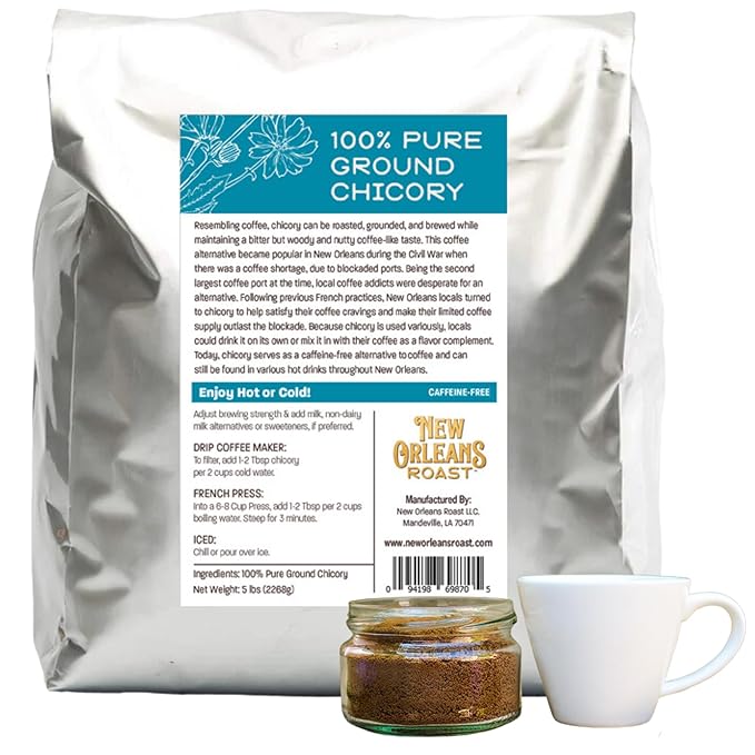 New Orleans Roast Pure French Chicory - 5 Pound Bag (Pack of 1) - Coffee Alternative Acid Free Caffeine Free Dark Roast Brew Just Like Coffee Blend Chicory Root with Coffee Coffee Substitute