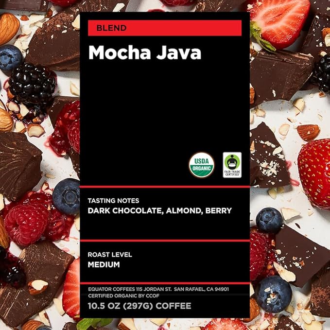 Equator Coffees Mocha Java Blend Organic Ground Coffee Medium Dark Roast Fresh Roasted Dark Chocolate &amp Berry Flavor Notes Sustainable and Fair Trade Certified 10.5 oz Bag