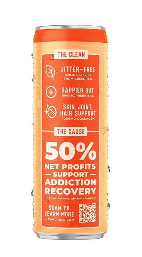 CLEAN Cause Orange Passion Sparkling Pick-Me-Up with Prebiotics &amp Collagen Peptides (12oz cans 12-Pack Case) Low Sugar 120mg Caffeine Healthy Alternative to Soda &amp Energy Drinks.