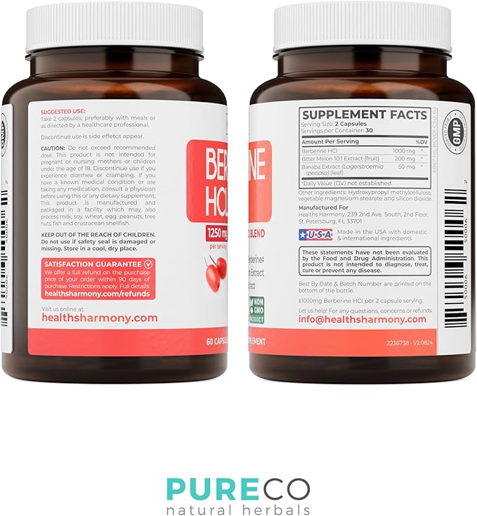 Berberine Supplement (Non-GMO &amp Vegetarian) Berberine HCL Plus Bitter Melon &amp Banaba Leaf Extract Capsules - Berberine 500mg Each 1000mg Per Serve - AMPK Metabolic Activator - 60 Caps (No Pil