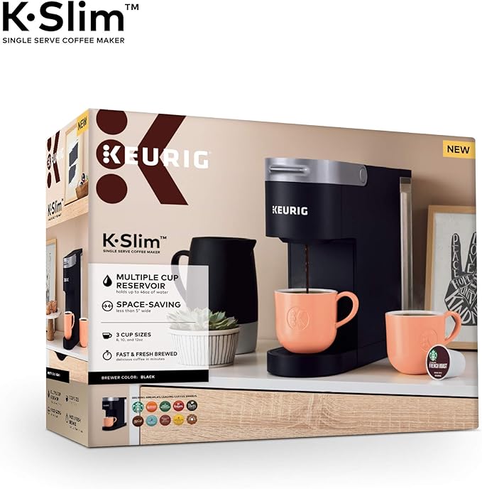 Keurig K-Slim Single Serve Coffee Maker with Folgers Black Silk Dark Roast Coffee 72 K-Cup Pods