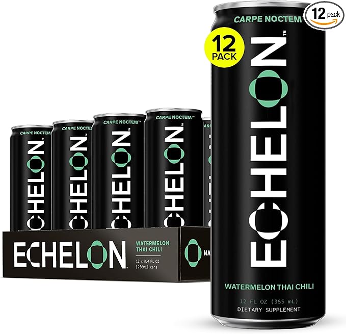 Echelon Pre-Workout Energy Drink | Watermelon Thai Chili | 12 Pack | Sustained Energy Focus and Endurance Dietary Supplement | 300mg of Caffeine | Beta-Alanine L-Theanine &amp Fiber | Vegan