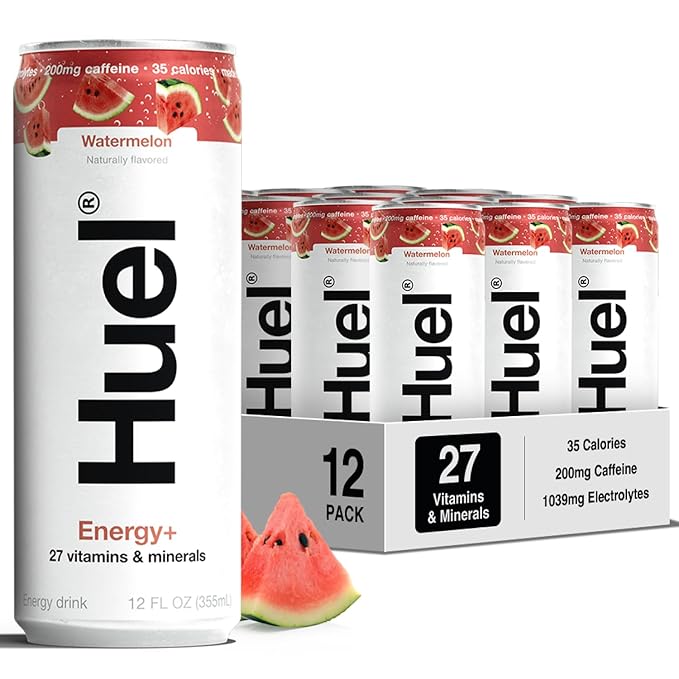 Huel Energy+ | Watermelon Energy Drink | Refreshing Plant-Based Drink with Real Fruit | 200mg of Caffeine and 27 Vitamins &amp Minerals | 35 Calories per 12 FL Oz 12 Pack