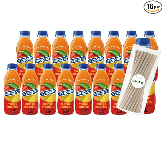 Snapple Mango Madness All Natural Fruit Juice 16 fl oz Plastic Bottle 16 Pack + 15 Sugarcane Disposable Straws by KOOL8SHOP Infinite Deals