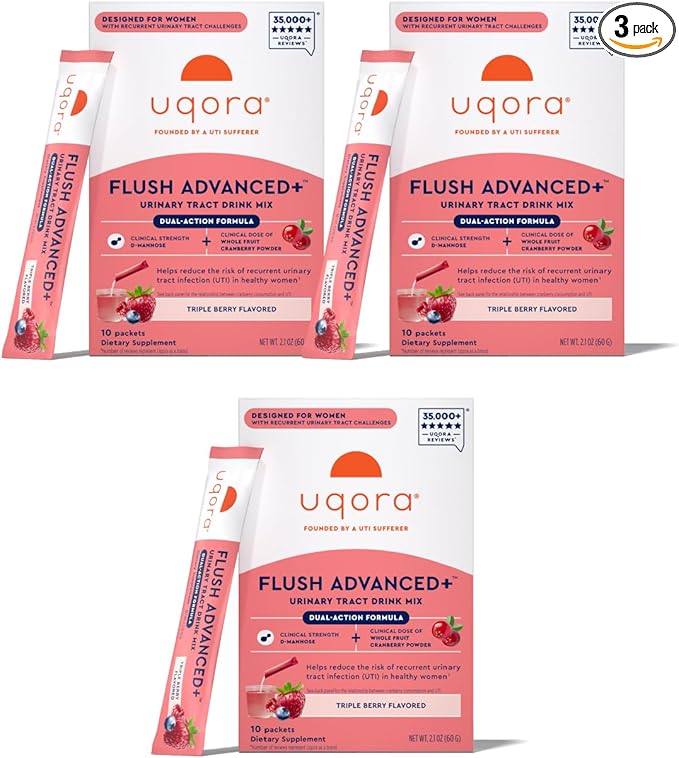 Uqora Flush Advanced+ - Helps Reduce Risk of Recurrent UTI** - with Cranberry D-Mannose Vitamin C Vitamin B6 &amp Potassium - Gluten-Free &amp Vegan - Triple Berry Flavor - 30 Packets (3 Pack)