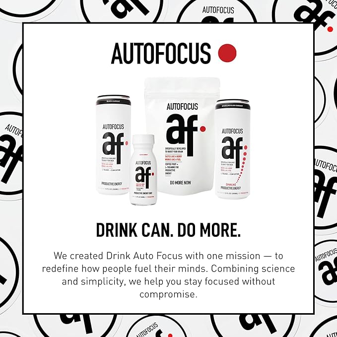 AUTOFOCUS Functional Energy Drink - Natural Focus Drink with Coffee Fruit &amp L-Theanine - Clean Caffeine Brain Booster - No Added Sugar. Productivity Energy Drink for Work &amp Study - Black Curra