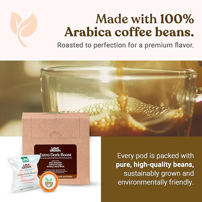 Love Grown Plastic-Free Coffee Pods 100% Arabica Single-Serve Cups Compostable Non-GMO - Compatible with Keurig Coffee Pods Machines and K-Cup Brewers Extra Dark Roast Flavor Box of 15