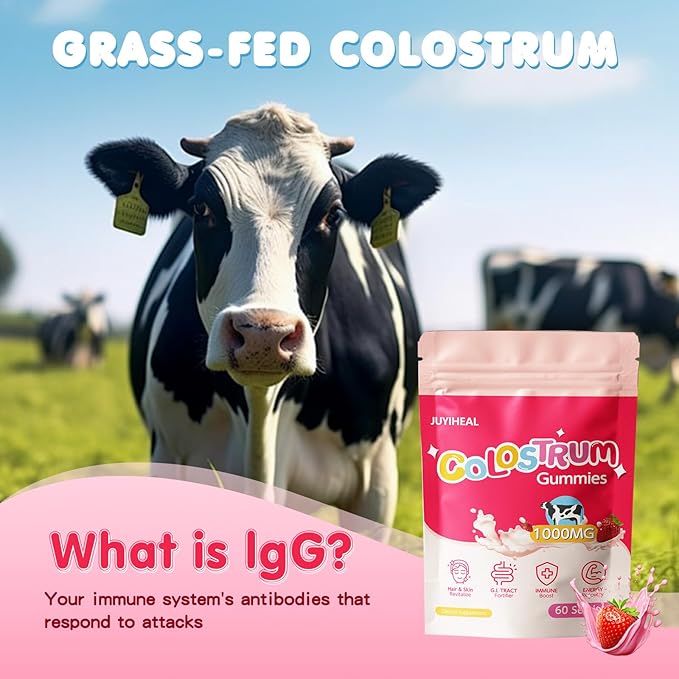 Colostrum Gummies 1g Per Seving Grass Fed Colostrum Chews Colostrum Supplement for Gut Health Hair Growth Beauty and Immune Support Strawberry Flavor 60 Servings