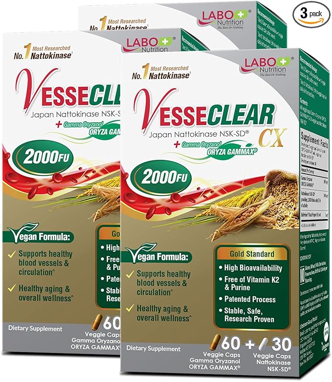 LABO Nutrition VesseCLEAR CX: Artery Cleanse Supplement to Support Blood Pressure Clean Blood Vessel Heart &amp Cholesterol Health Formula | Nattokinase NSK-SD + Gamma Oryzanol | DR Capsules [3 Pac