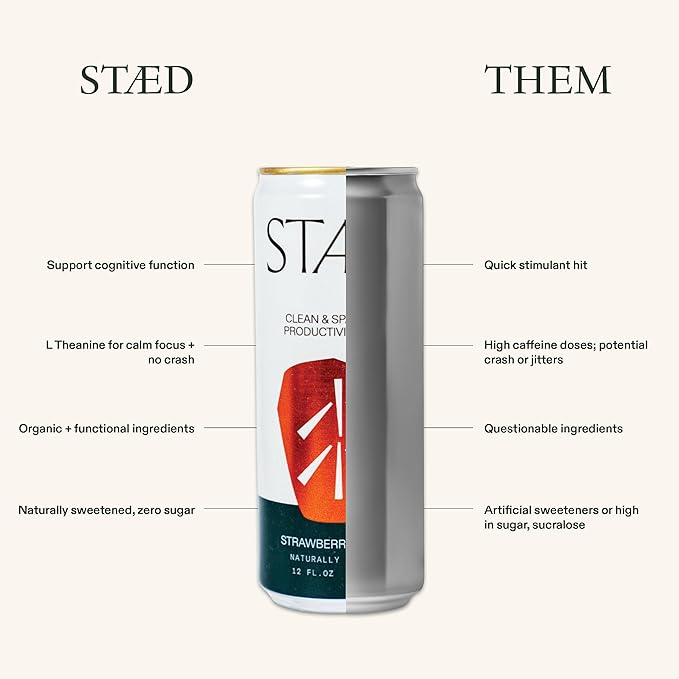 Drink Staed Strawberry Orange Productivity Drink Sparkling Functional Beverage 12-Pack – with Cognizin® Citicoline &amp L-Theanine Organic Clean Caffeine Healthy Energy Drink