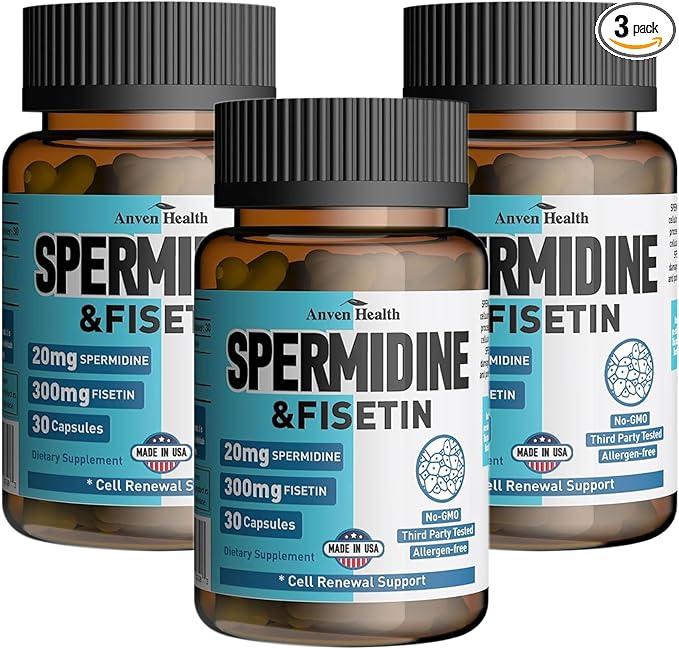 Spermidine &amp Fisetin Supplement - 20mg of 99% Spermidine Per Serving 3HCL &amp 300mg Fisetin for Women Men Cell Renewal Aging Defense &amp Longevity Gluten Free Non-GMO Made in USA | 90 Veg