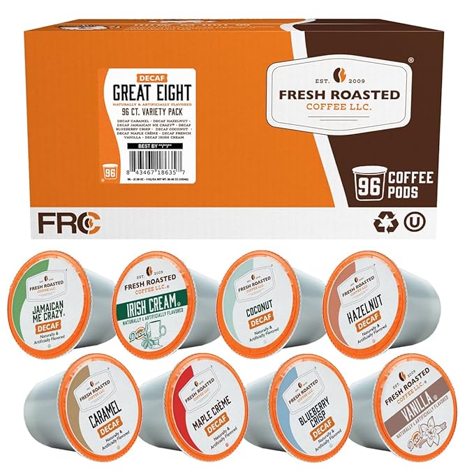 Fresh Roasted Coffee The Decaf Great Eight Flavored Coffee Pod Variety Pack K-Cup Compatible 96 Count