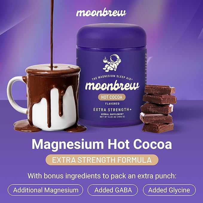 MoonBrew Nighttime Extra Strength Magnesium Hot Cocoa Natural Sleep Aid Drink Mix for Adults - Calming Melatonin-Free Sleep Support - Hot Chocolate Powder with L-Theanine Chamomile &amp Zinc Glycin