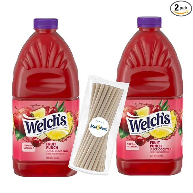 Welch's Fruit Punch Juice Drink 96 fl oz Plastic Bottle 2 Pack + 15 Sugarcane Disposable Straws by KOOL8SHOP Infinite Deals