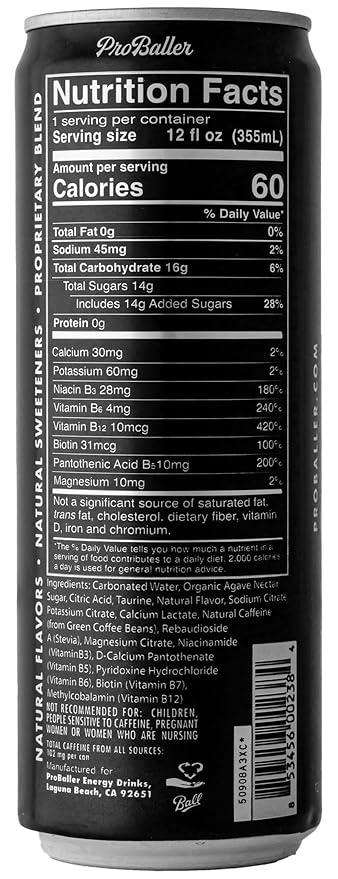 ProBaller Ultra Premium Energy Drink - Natural Clean NSF Certified Sport Drink - Gluten Free Amino Acids Taurine Biotin Organic Agave Vitamin B 12 Methylcobalamin Electrolytes - 15 Pack - Spurs