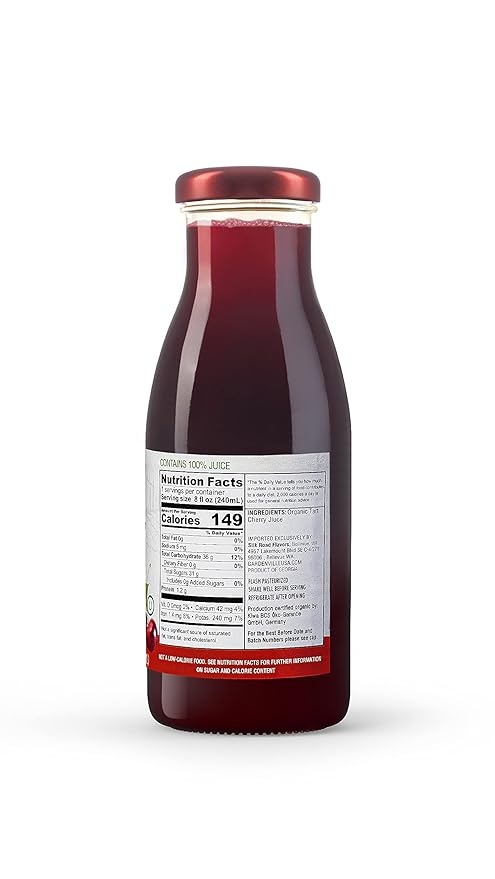 Gardenville Organic Tart Cherry Juice (Pack of 12) USDA Organic No Added Sugar U Kosher Certified Pasteurized 8.4 oz Glass Bottles (Tart Cherry)