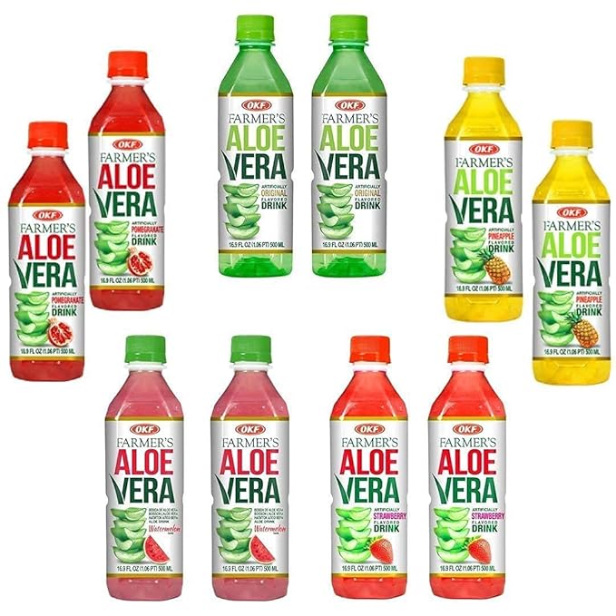 OKF Farmer's Aloe Vera Drink Flavored Variety Pack - Original Pomegranate Pineapple Strawberry Watermelon Flavored Aloe Drinks (16.9oz/500ml Bottles 10 Count)