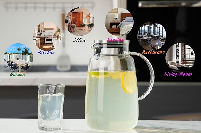 Purefold Glass Pitcher 105 oz Water Pitcher with Lid Heat Resistant Borosilicate Jug for Iced Tea Juice Milk Cold or Hot Beverages Large Caliber Easy Clean