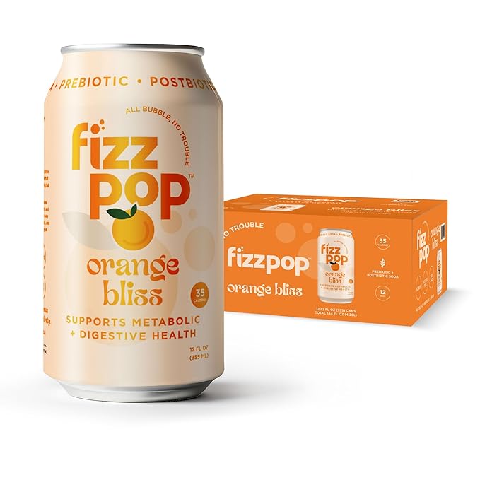 Fizz Pop Metabolic Sparkling Postbiotic and Prebiotic Soda Pop Gut Health Seltzer Water Fiber Drink Metabolism Booster Orange Bliss Flavor 12 oz Cans (Pack of 12)