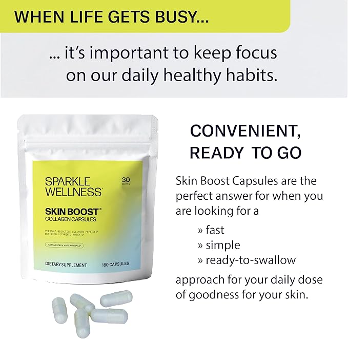Sparkle Wellness Skin Boost Collagen Capsules (180 Pills) | 30 Days of 2500mg VERISOL Collagen Peptides &amp Vitamin C | Improves Skin Elasticity &amp Appearance of Fine Lines | Strengthens Hair &am