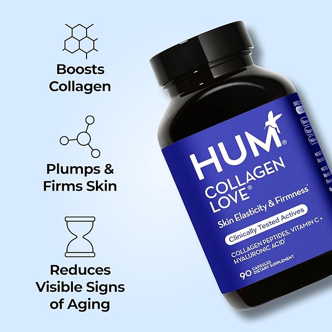 HUM Collagen Love Skin Supplement Collagen Peptides Capsules with Hyaluronic Acid &amp Vitamin C Supports Firm Skin &amp Helps Minimize Signs of Aging Supplements for Women and Men 90 Capsules
